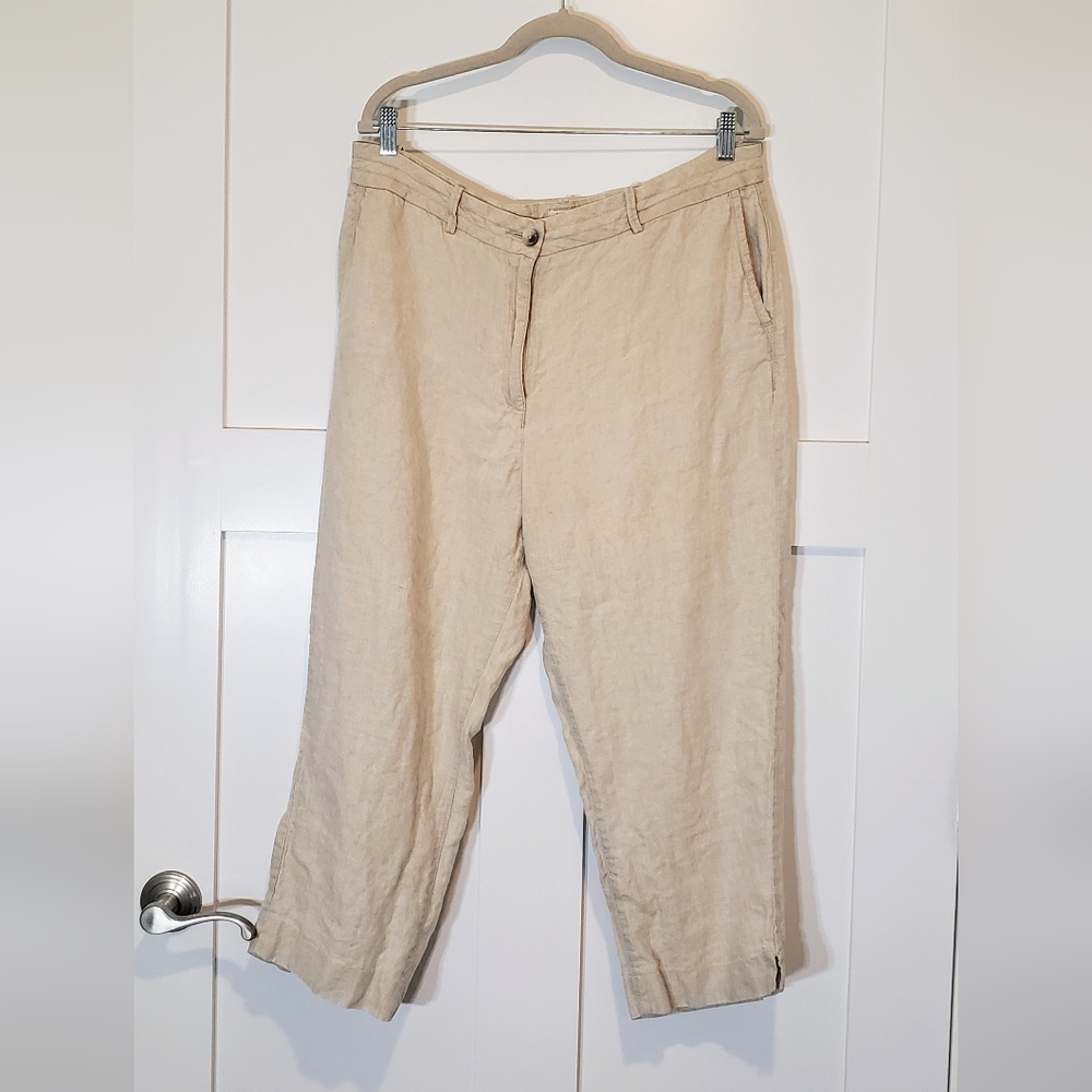 LL Bean Linen 100% Classic Fit Cropped Hi Rise Pants Size 16 Machine Wash